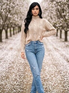 Zara Womens Beige Chunky Cable Knit Mock Neck Pointelle Sweater Size Small S